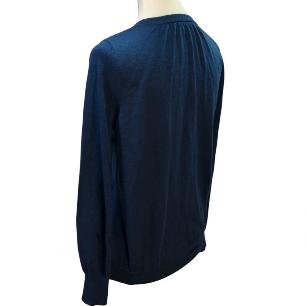 Loft Button Front Blue Cardigan Women's L Wool Blend Ruched Classic Feminine
